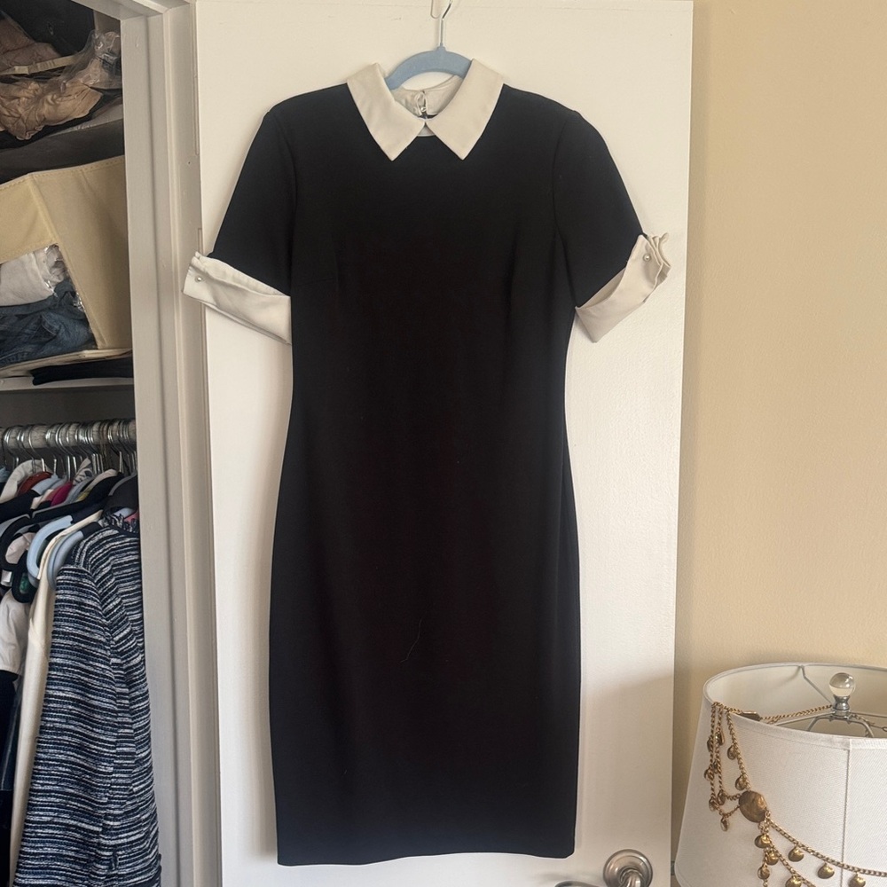 Karl Lagerfeld Black Pencil Dress White Collar Sleeves Pearl Buttons